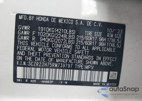 2024 Honda Hr-V Awd Ex-L/Awd Ex-L W/O Bsi z USA, uszkodzony, nr VIN 3CZRZ2H75RM739797